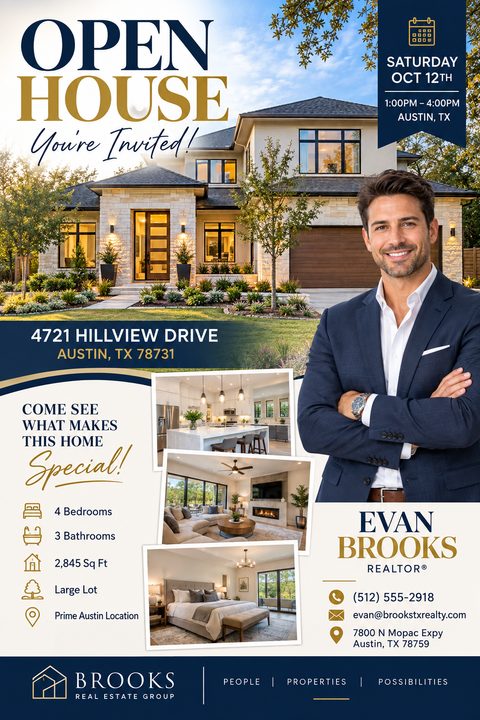 Real estate open house flyer with a large photo of a modern house, three smaller interior photos, an agent portrait, and property details in navy and gold text.