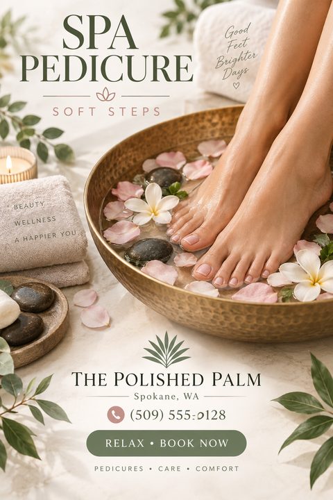 A flyer for a spa pedicure featuring a large image of bare feet soaking in a brass bowl filled with water, flower petals, and hot stones. Text reads 'Spa Pedicure', 'Soft Steps', and 'The Polished Palm'.
