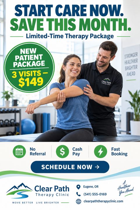 Physical therapy flyer template with a large green badge offering a new patient package. Shows a therapist stretching a smiling patient's arm, with benefit icons and contact details below.