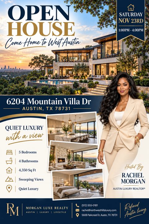 A luxury real estate open house flyer with a navy blue and gold color scheme. It features a large photo of a modern mansion with a pool at sunset, three interior photos, and a cutout of a female real estate agent.