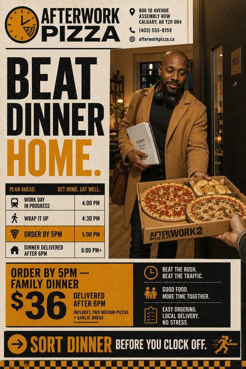 A retro-style pizza delivery flyer with a cream background, bold black text, and orange accents. It features a photo of a man receiving a pizza box at his door and a timeline graphic.