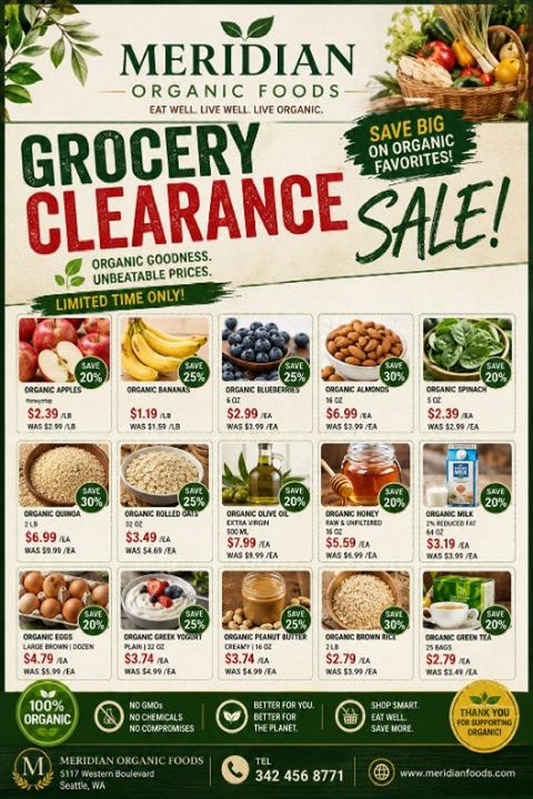 A rustic grocery sale flyer featuring a textured beige background, bold green and red text, and a neat grid of fifteen organic food products with discount badges and pricing details.