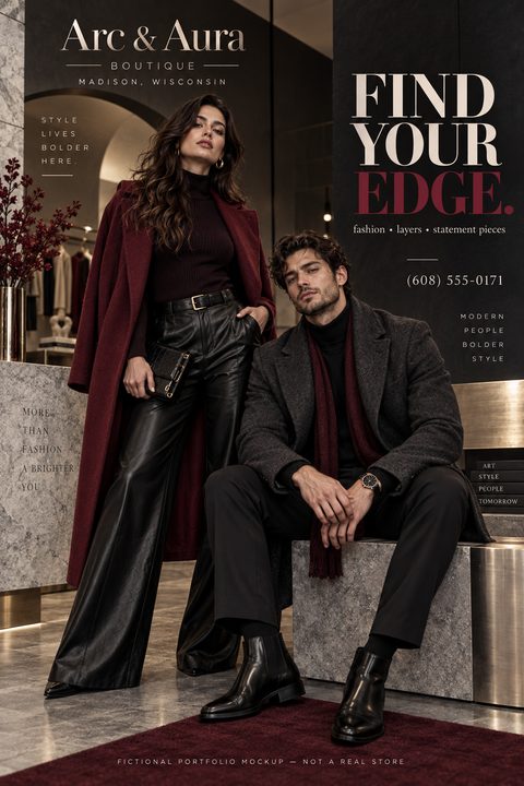 A dark, moody flyer for a fashion boutique featuring a man and woman in stylish winter clothing. The text reads 'Find Your Edge' and 'Arc & Aura Boutique'.