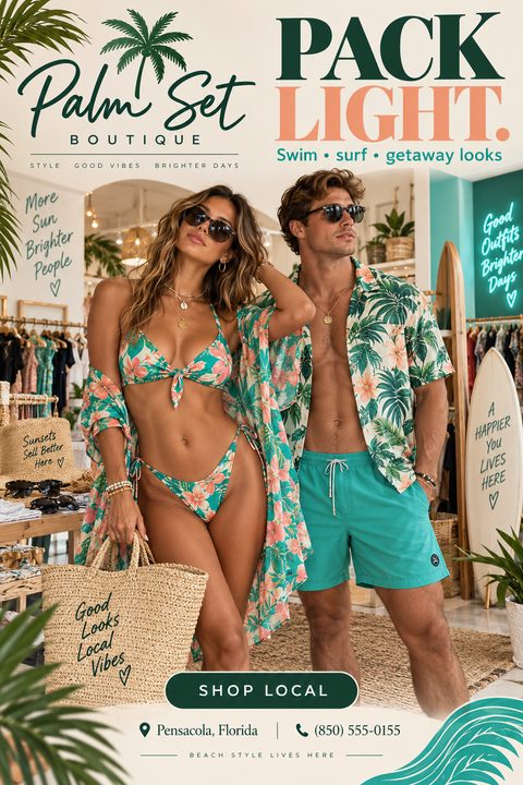 A tropical boutique flyer featuring a man and woman modeling matching floral swimwear in a beachy retail store, with bold text reading Pack Light and Shop Local.