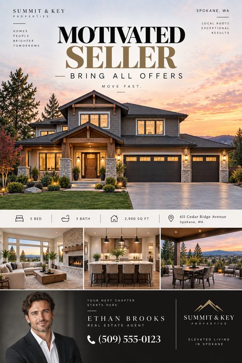 A real estate flyer titled "Motivated Seller" featuring a large photo of a modern house at sunset, three smaller interior and patio photos, property details, and a black footer with agent contact information.