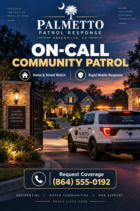 A professional security patrol flyer featuring a white security SUV with amber lights parked at a gated community entrance at dusk, with navy and gold text.
