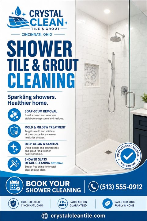 A flyer for shower tile and grout cleaning featuring a split layout. The left side lists services with blue icons, while the right side shows a sparkling clean, modern glass shower enclosure.