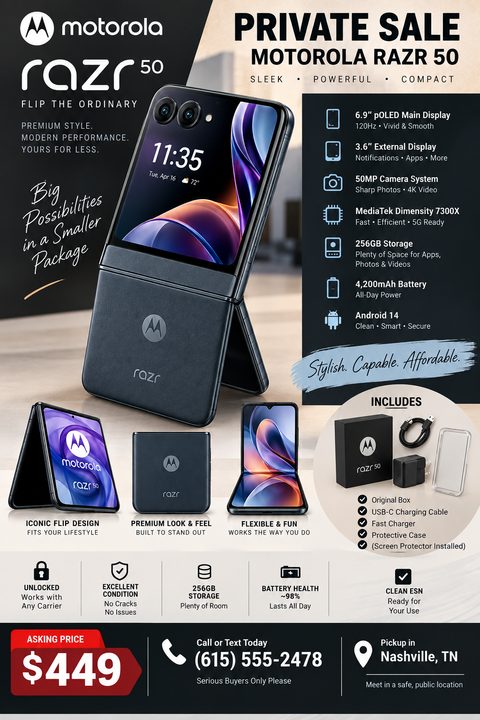A flyer for a private sale of a smartphone, featuring multiple images of a flip phone, a list of technical specifications, included accessories, condition details, asking price, and contact information.