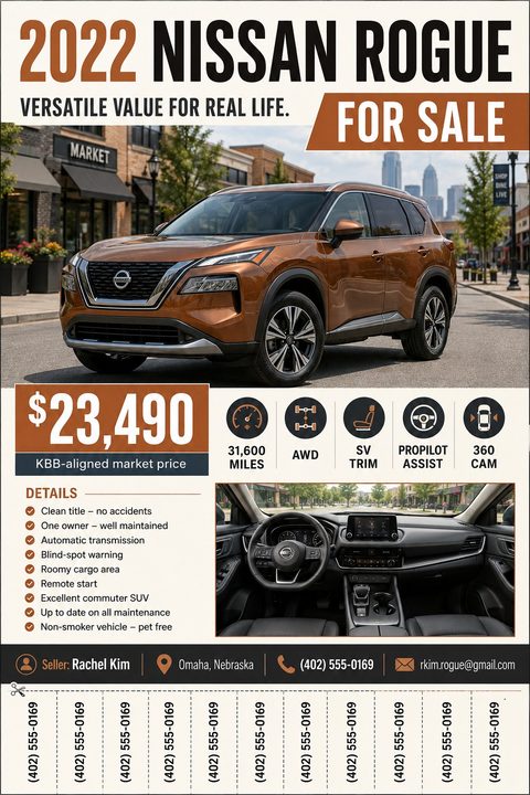 A car for sale flyer featuring a large photo of a copper SUV, prominent price, feature icons, bulleted details list, and tear-off phone number tabs at the bottom.