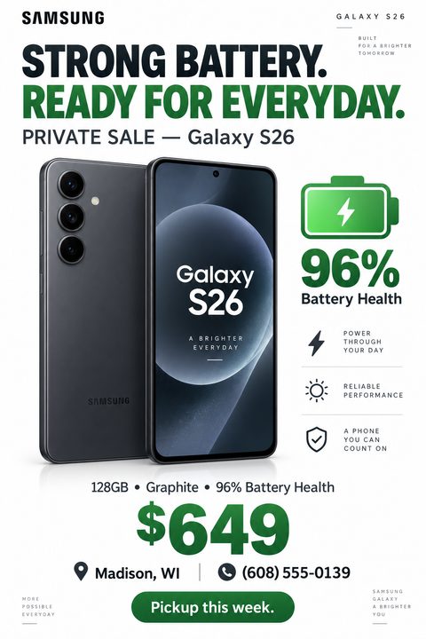 A flyer for a private sale of a smartphone. It features a large image of a dark grey phone, front and back, with bold text highlighting 'Strong Battery' and '96% Battery Health' in green. The price is prominently displayed at the bottom.