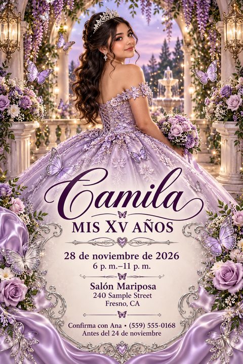 A Quinceañera invitation flyer featuring a young woman in an elaborate purple gown with butterflies, standing in a magical garden setting. The text reads 'Camila Mis XV Años' with event details below.