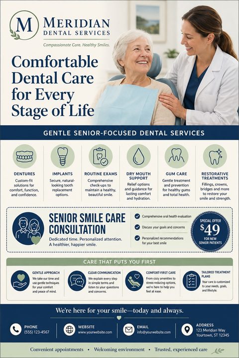 A dental flyer featuring a dentist smiling at an elderly patient. The design uses navy blue and light green, with icon grids detailing services like dentures and implants, plus a $49 special offer.