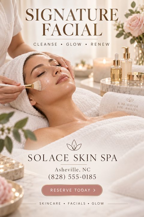 A luxurious spa flyer featuring a woman receiving a facial treatment with a brush. The design uses warm beige tones, elegant brown typography, and includes space for spa details.