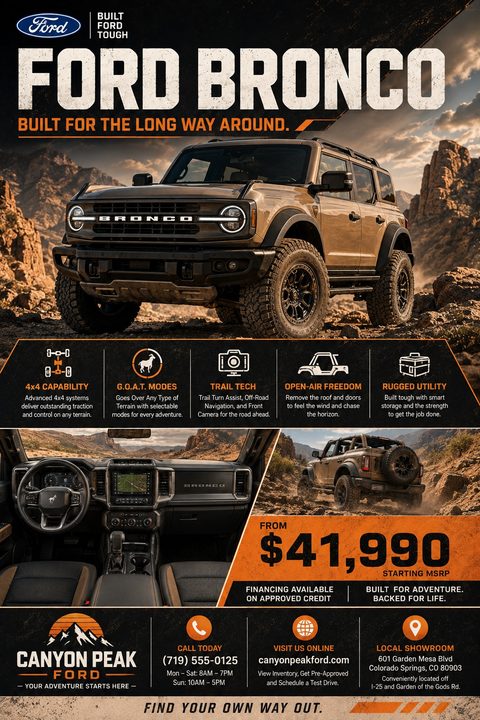 A car dealership flyer featuring a large image of a tan off-road SUV in a desert landscape. Below are icons highlighting features like 4x4 capability and trail tech. The bottom section includes interior and rear vehicle photos, a starting price of.