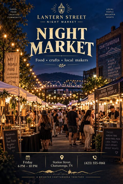 Flyer for a Night Market featuring a photo of a bustling street market at dusk, illuminated by string lights. Text reads 'Lantern Street Night Market' and 'Food, crafts, local makers'.
