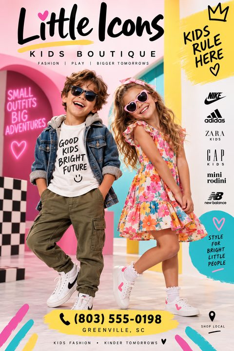 A colorful kids boutique flyer featuring a young boy and girl in stylish clothes. Bright pink, yellow, and blue accents, playful fonts, and a list of popular children's clothing brands.