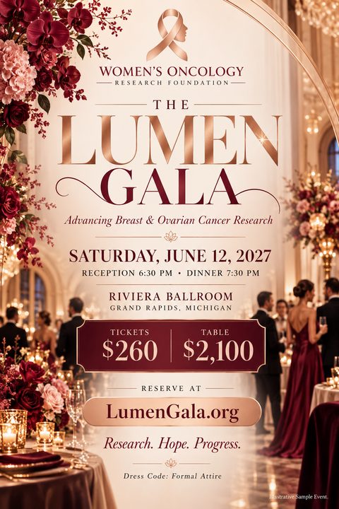 Elegant flyer for a charity gala featuring a rose gold and burgundy color scheme. The background shows a luxurious ballroom setting with guests in formal attire and floral centerpieces. Text includes event details, ticket prices, and a website for.