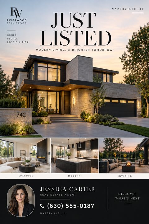 A real estate flyer titled "Just Listed" featuring a large photo of a modern home at dusk, three smaller property photos, and a black footer with a real estate agent's headshot and contact details.