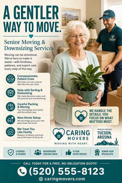 Flyer for senior moving services featuring a smiling older woman holding a plant, a mover carrying a box, teal text, service icons, and contact information at the bottom.
