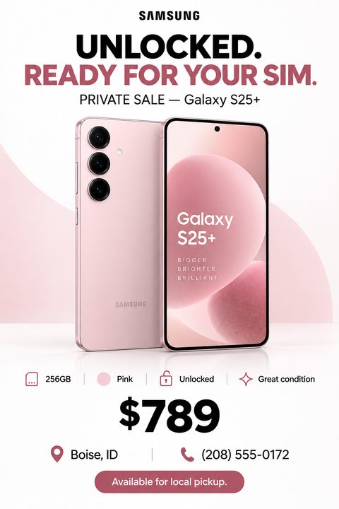 A flyer advertising a private sale for a pink Samsung Galaxy S25+ smartphone. The phone is shown from the front and back. Text reads 'Unlocked. Ready for your SIM.' and lists specs like 256GB, Pink, Unlocked, Great condition. The price is $789.
