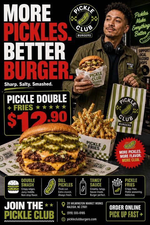 Flyer for a burger restaurant featuring a man holding a burger and a takeaway bag, a large close-up of a double cheeseburger with pickles and fries, and bold text advertising a meal deal.