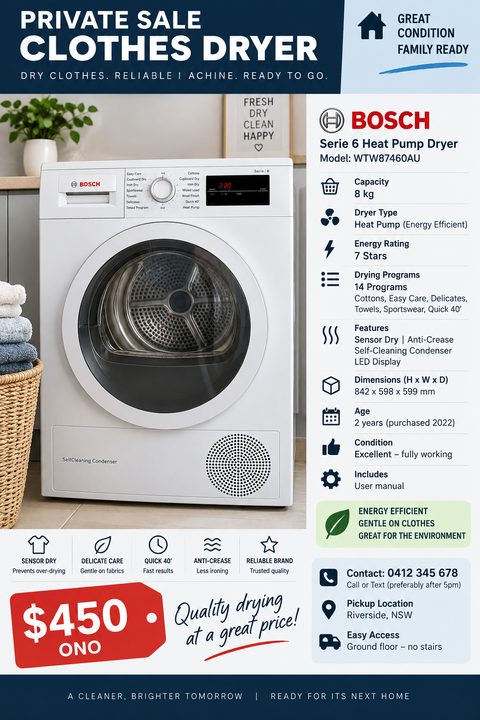 A flyer for a private sale of a clothes dryer. It features a large photo of a white dryer, a detailed list of specifications with icons, a red price tag, and contact information.