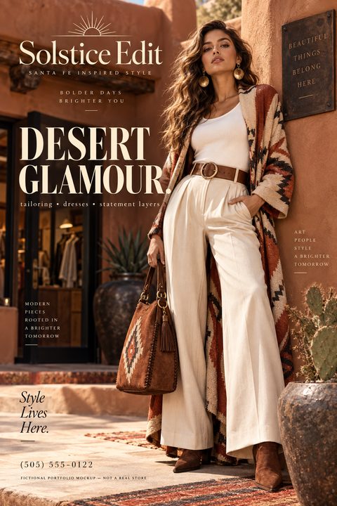 A fashion flyer featuring a woman in a desert setting wearing a patterned cardigan, wide-leg pants, and holding a suede bag. The text reads 'Solstice Edit', 'Desert Glamour', and 'Style Lives Here'.