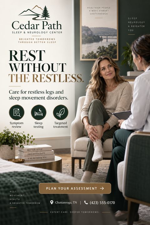 A calming medical flyer featuring a woman consulting with a doctor in a cozy, earthy-toned room. It includes a large headline, three service icons, and a prominent call-to-action button for assessments.
