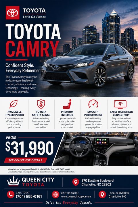 A car sales flyer featuring a dark grey sedan parked against a nighttime city skyline. Below, five icons highlight features, followed by a large price tag, interior dashboard photo, and dealership contact information.