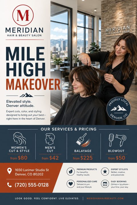 Hair salon flyer template with a photo of a stylist cutting a woman's hair. The design features a navy blue and rust orange color palette, a 'Mile High Makeover' headline, and a section detailing services and pricing with line art icons.