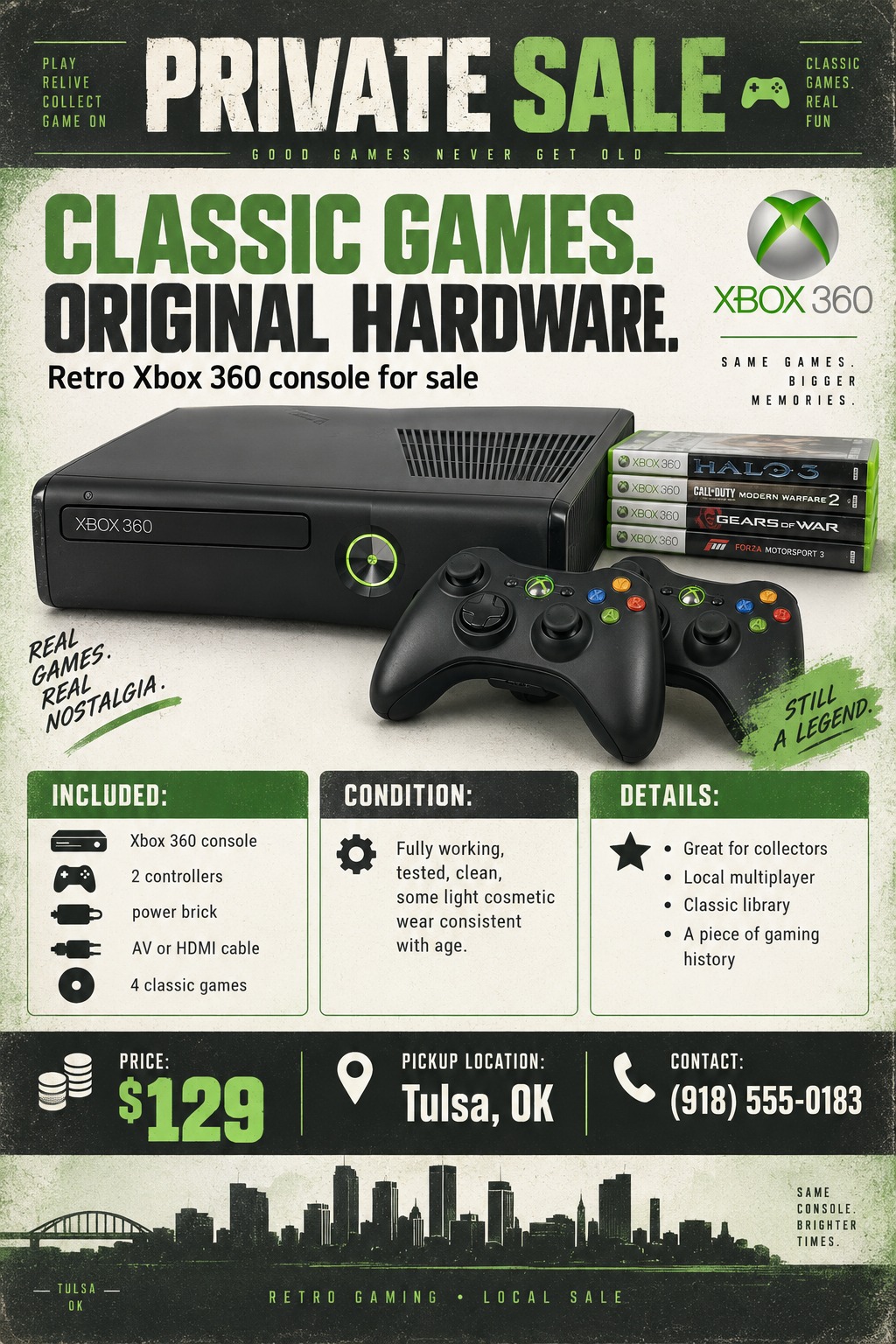 A flyer for a private sale of a retro Xbox 360 console. It features a large image of the black console, two controllers, and four game cases. Text includes 'Private Sale', 'Classic Games. Original Hardware.', and details about included items.