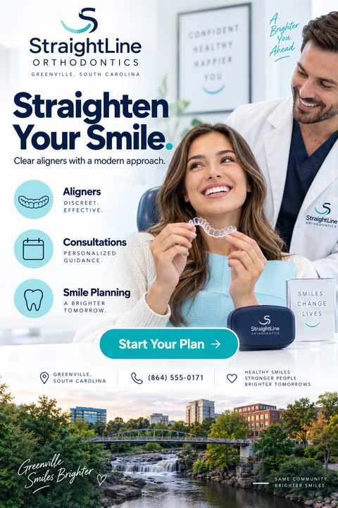 A flyer for StraightLine Orthodontics featuring a smiling woman holding clear aligners while a dentist looks on. The flyer lists services like Aligners, Consultations, and Smile Planning, with a call to action to 'Start Your Plan'. A scenic photo of.