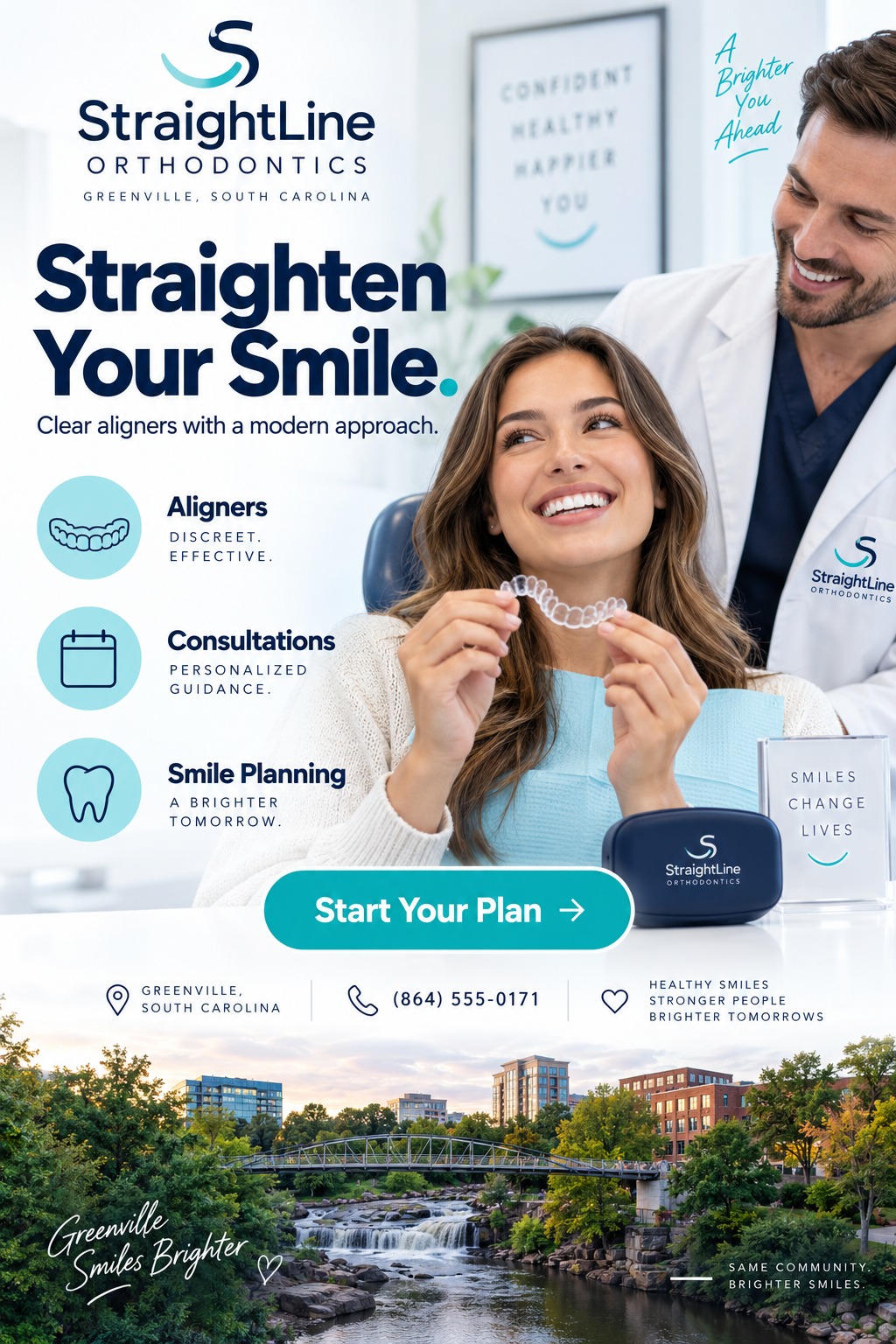 A flyer for StraightLine Orthodontics featuring a smiling woman holding clear aligners while a dentist looks on. The flyer lists services like Aligners, Consultations, and Smile Planning, with a call to action to 'Start Your Plan'. A scenic photo of.