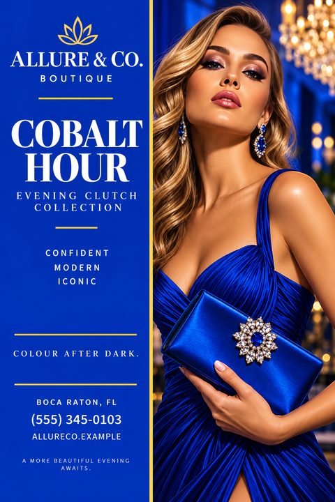 A fashion flyer featuring a woman in a cobalt blue dress holding a matching clutch with a jeweled clasp. The left side has a solid blue background with white and gold text announcing a 'Cobalt Hour Evening Clutch Collection'.