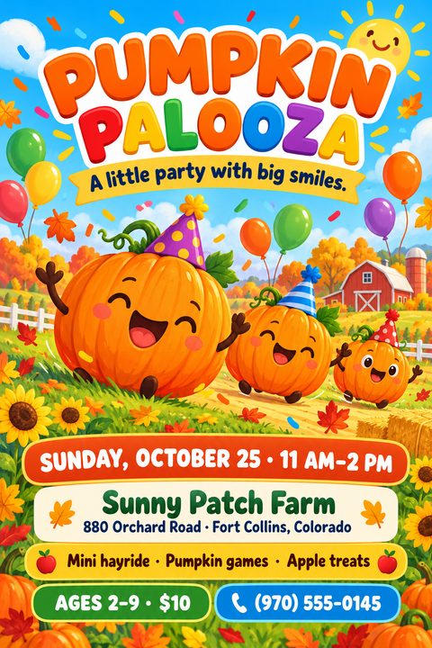 Bright cartoon flyer featuring three smiling pumpkins wearing party hats in a sunny farm field with a red barn, sunflowers, balloons, and confetti, advertising a kids' fall event.