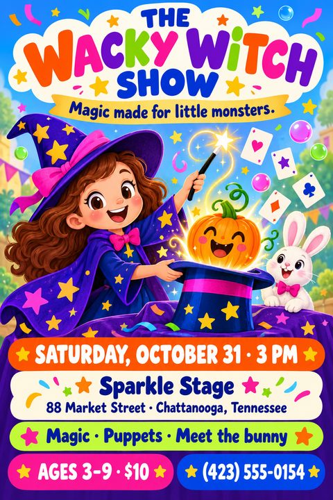 A bright, colorful flyer featuring a cartoon girl dressed as a witch pulling a smiling pumpkin from a magic hat, accompanied by a white rabbit, playing cards, and event details.