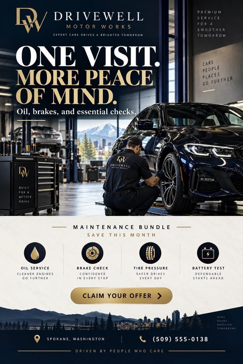 A flyer for an auto repair shop featuring a mechanic working on a dark blue car in a clean garage. The text reads 'One Visit. More Peace of Mind.' and lists services like oil, brakes, and essential checks. The bottom half has a white background with.