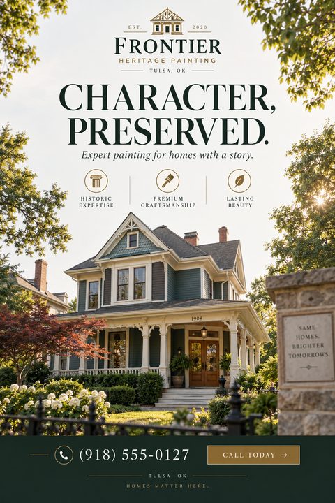 Flyer for Frontier Heritage Painting with the headline 'Character, Preserved.' showing a beautifully painted historic two-story house with a large porch.