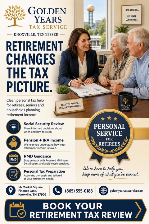 A tax service flyer with a navy blue and gold color scheme. It features a photo of a female accountant smiling with an older couple, alongside a list of retirement tax services and contact details.