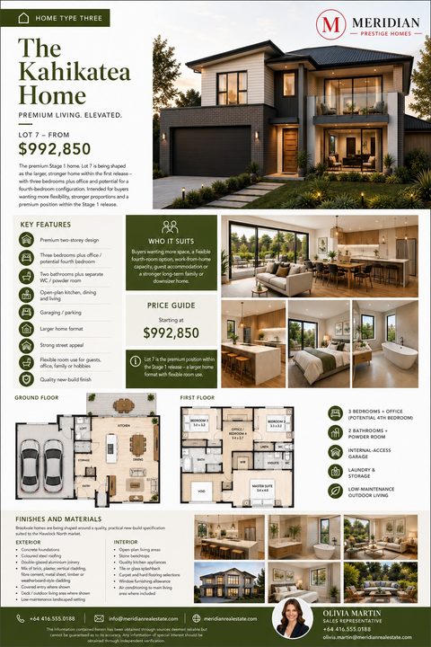 A detailed real estate flyer for a new home build, featuring a large exterior photo, interior shots, ground and first-floor plans, key features lists, and agent contact information in a green and white layout.