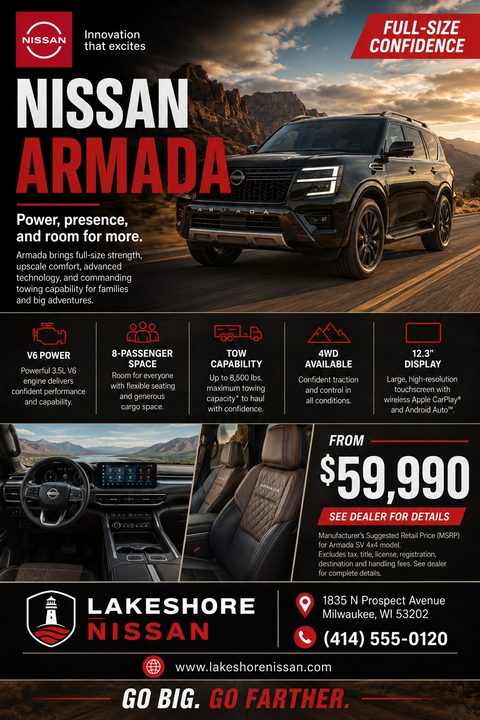 A car dealership flyer featuring a large image of a black SUV driving on a road, with smaller images of the interior dashboard and seats. Text highlights features like V6 power, 8-passenger space, and towing capacity, along with a starting price and.