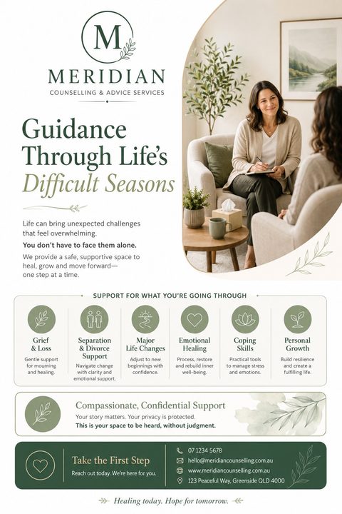 Counseling services flyer template with a sage green and white color scheme. Features a photo of a therapist talking with a client, a list of support areas with icons, and contact details at the bottom.