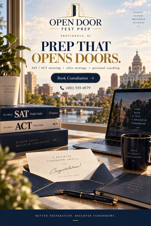 A flyer for Open Door Test Prep with the headline 'Prep That Opens Doors'. The background is a desk with SAT and ACT study guides, a laptop, a coffee mug, and an acceptance letter, overlooking a city skyline.