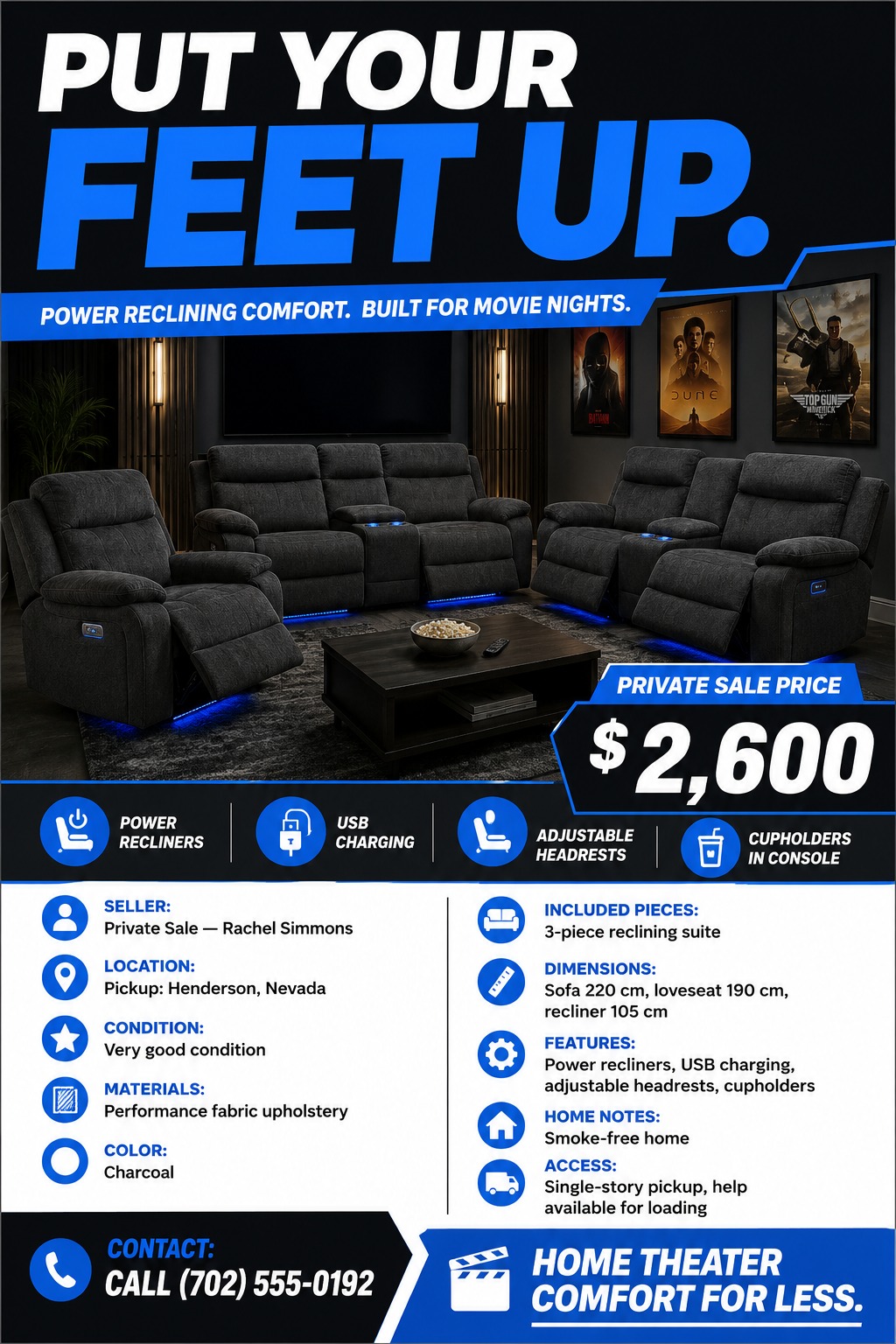 Flyer for a private sale of a 3-piece reclining suite. Features a large photo of charcoal gray home theater seating with blue LED under-lighting. Text reads 'Put Your Feet Up' and lists a price of $2,600. Includes icons for features like power.