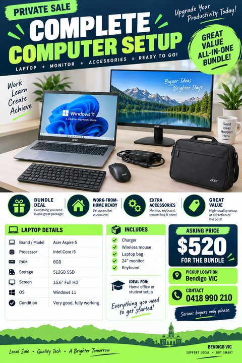 Flyer for a private sale of a complete computer setup, featuring a photo of a laptop, monitor, keyboard, mouse, and bag on a desk. Below are sections for laptop details, included items, asking price, and contact info.