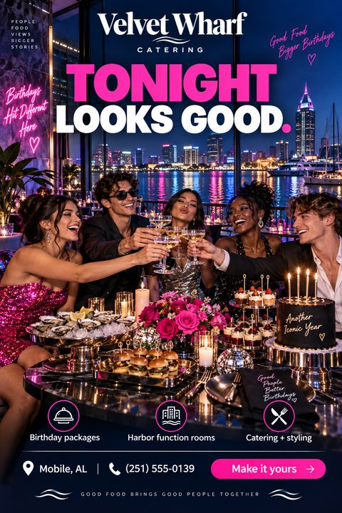 Flyer for Velvet Wharf Catering featuring a group of young adults toasting with champagne at a lavishly set table with a city skyline at night in the background. Text reads 'Tonight Looks Good' and highlights birthday packages, harbor function rooms.