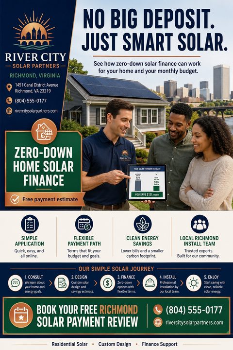 A flyer for zero-down home solar finance featuring a solar representative showing a payment estimate on a tablet to a smiling couple, with a house with solar panels in the background.