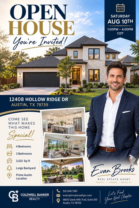 Real estate open house flyer with a large photo of a modern two-story house, three smaller interior photos, an agent portrait, and text in navy and gold.