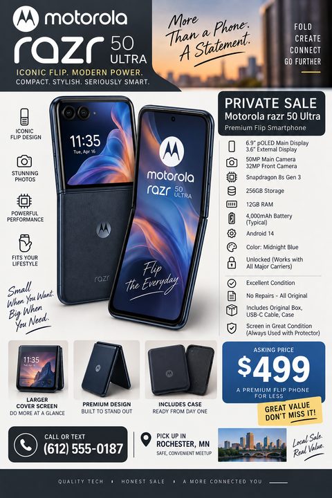 A tech-focused flyer for selling a smartphone. It features large product photos, a detailed list of specifications with icons, smaller thumbnail images highlighting features, a prominent asking price, and contact information.