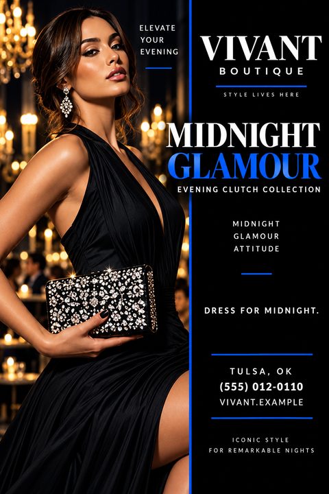 A fashion flyer featuring a woman in a black evening gown holding a sparkling clutch purse. The text reads 'Vivant Boutique', 'Midnight Glamour Evening Clutch Collection', and includes contact information.